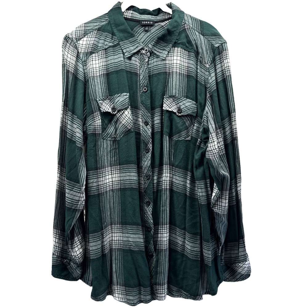 Torrid Women's Top Size 2X Green White Plaid Button Up Long Sleeves Pockets